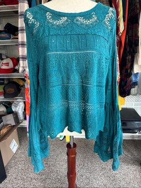 Free People Teal Crochet Lace Boho Top